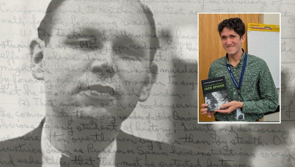 Black and white image of poet behind handwriting and inset image of scholar.