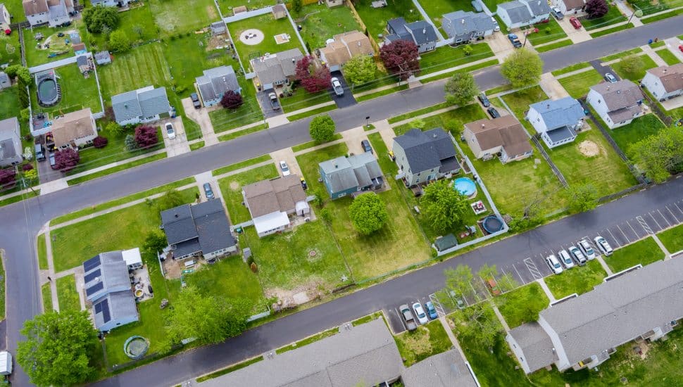 Aerial shot of homes in Bensalem.