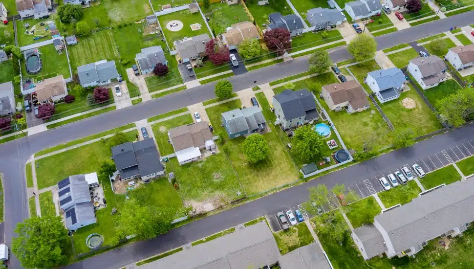 Aerial shot of homes in Bensalem.