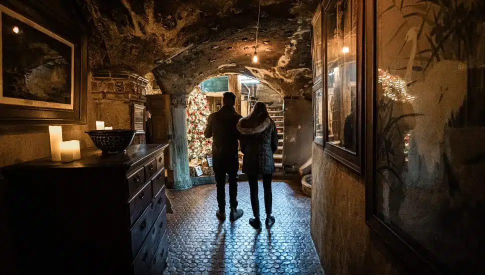 Couple in Fonthill Castle at Christmas.