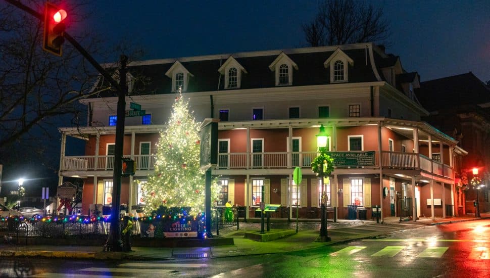 Christmas tree outside the Fountain House at night in Doylestown.