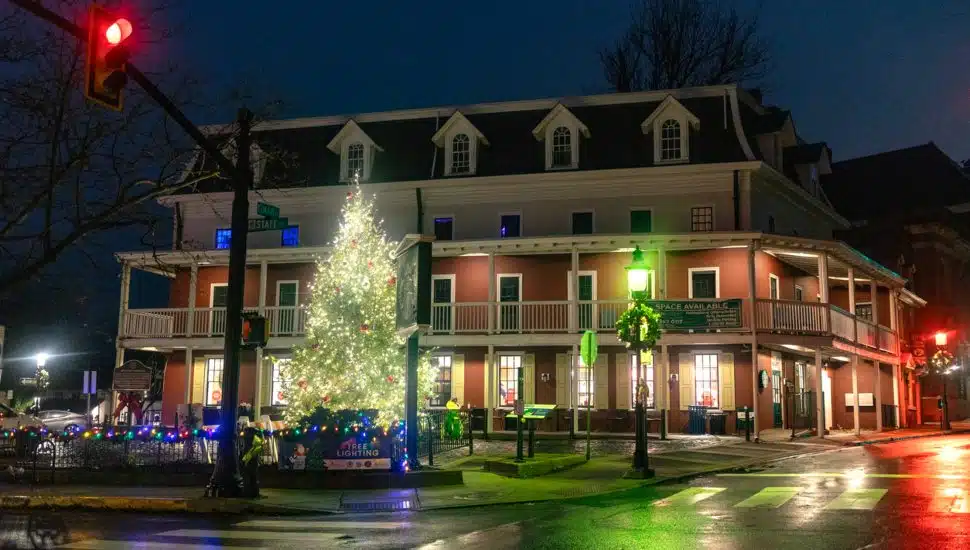 Christmas tree outside the Fountain House at night in Doylestown.