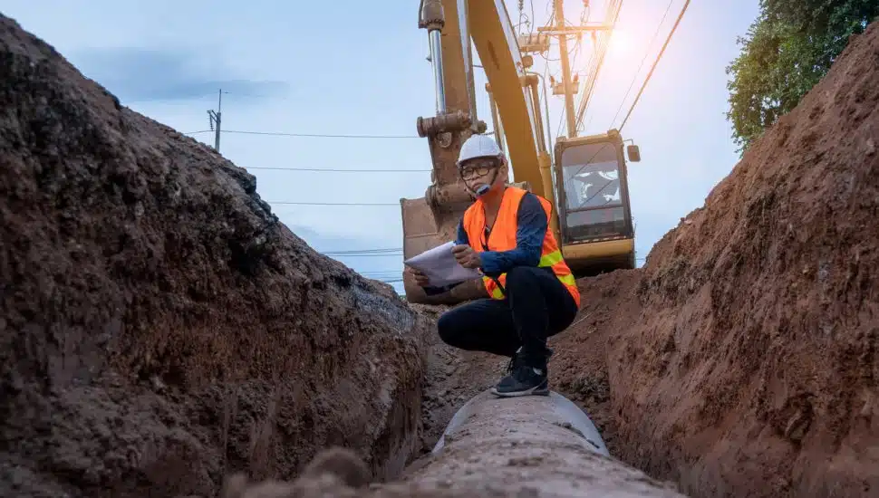 Engineer wear safety uniform examining excavation water supply or sewer pipeline at construction site.