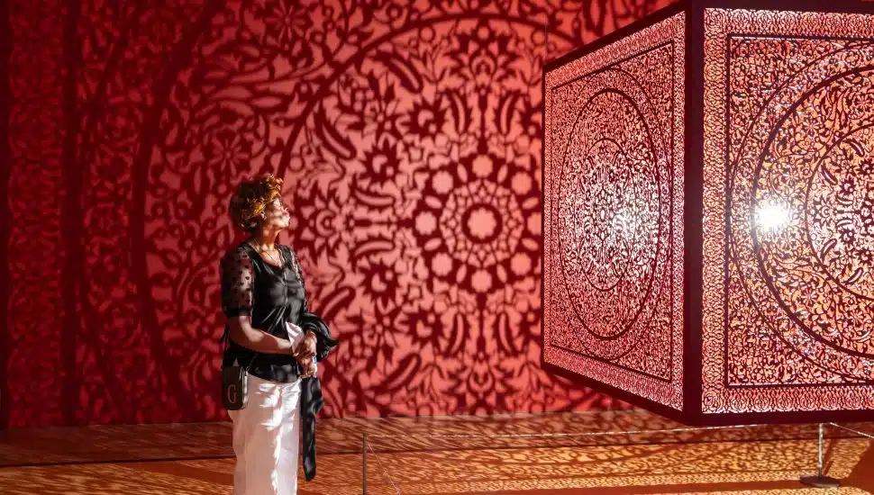 "All Flowers are for Me" light box from Anila Quayyum Agha.