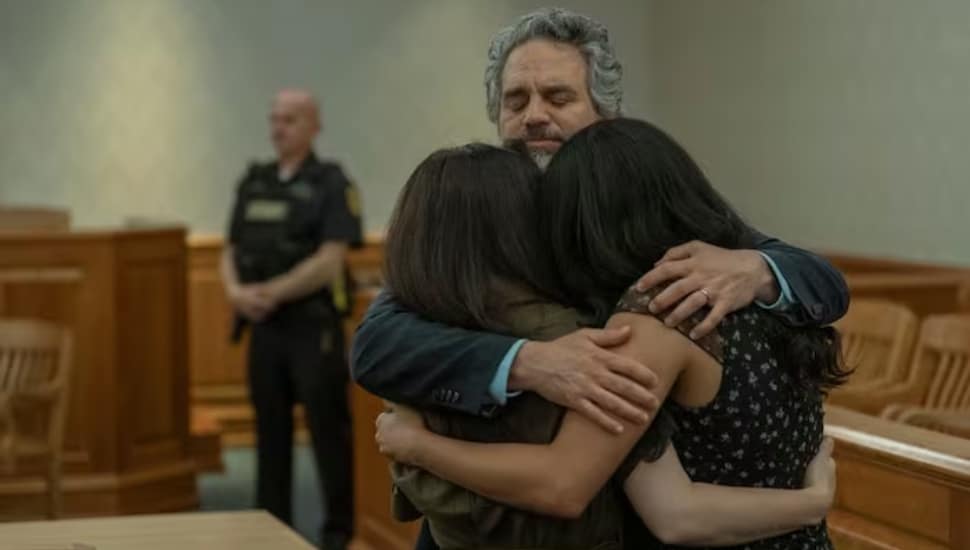 Tom Brandis (Mark Ruffalo) hugs his family after his son Ethan (Andrew Russel)'s parole hearing in the "Task" finale.
