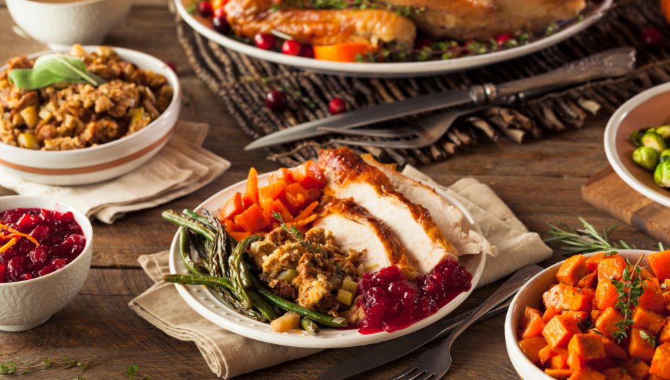 Thanksgiving Dinner with Turkey Stuffing Veggies and Potatos.