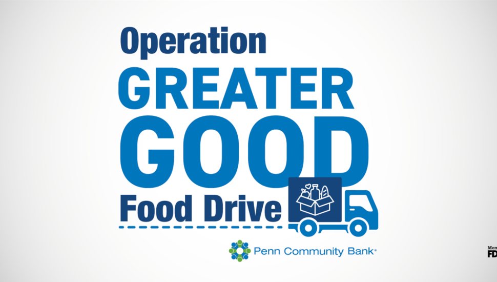 Operation Greater Good Food Drive logo featuring bold blue text and an illustration of a delivery truck carrying a box of food, with the Penn Community Bank logo below.