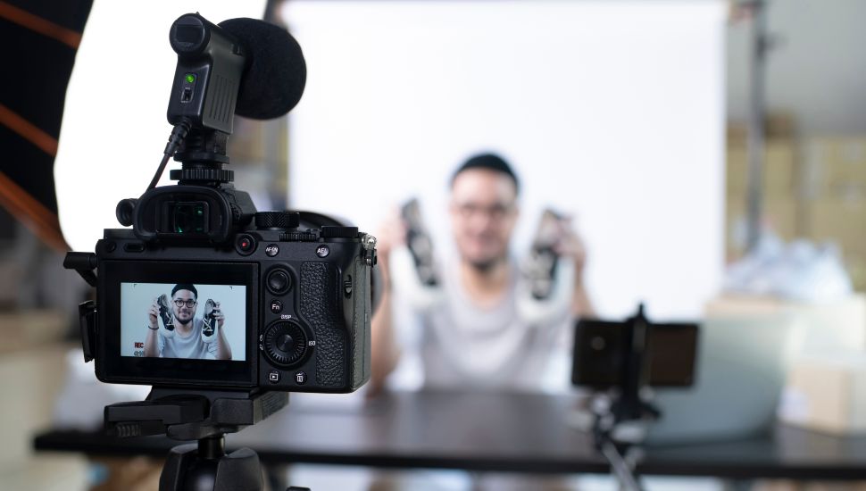 Man in front of a camera showing off shoes online.