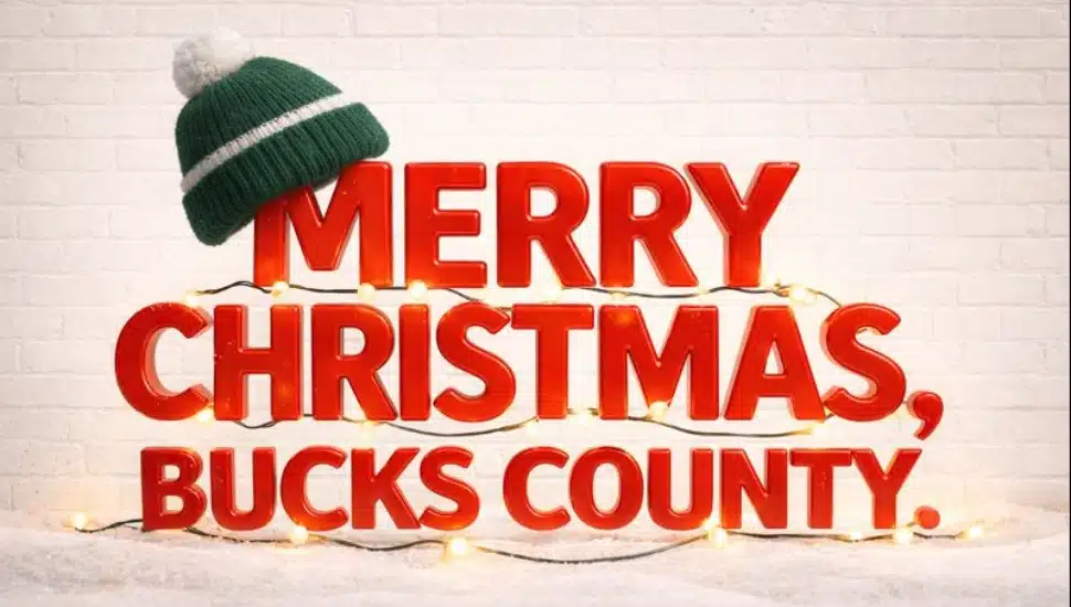 3D "MERRY CHRISTMAS" lettering with glossy red letters, adorned with a Eagles hat and festive string lights.