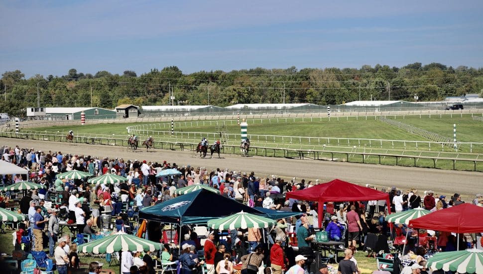 People gathered to watch a race at Parx Racetrack.