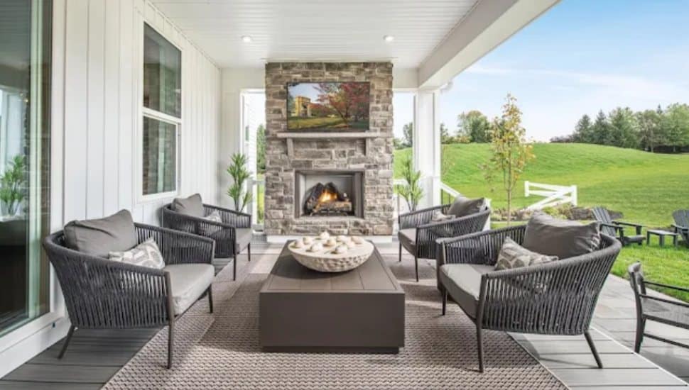 A patio overlooks green landscape at the Toll Brothers' Canterbury Meadows.