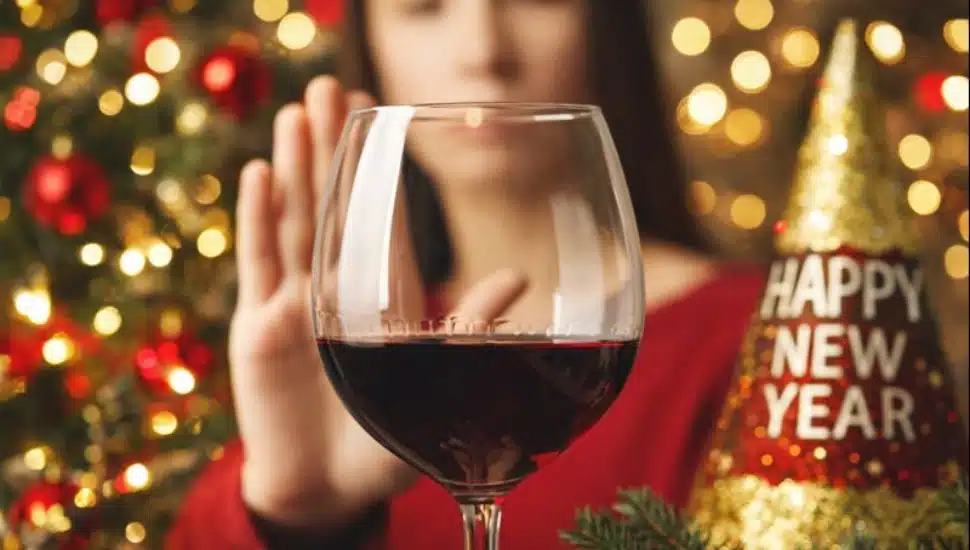 Woman shows a sign of refusal of wine.