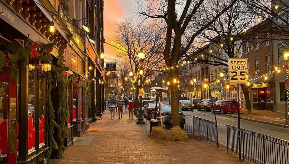 Downtown West Chester with Christmas lights.