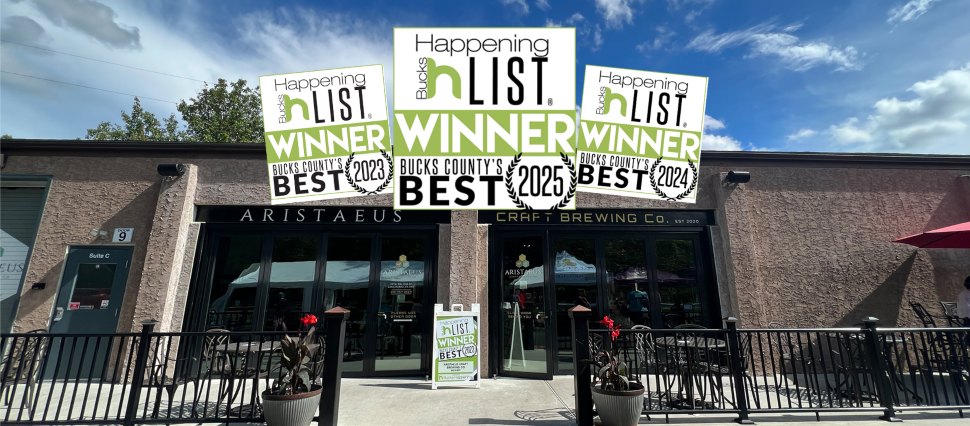 The front entrance to Aristaeus Craft Brewing with overlays announcing it as Bucks County's Best in 2023, 2024, and 2025.