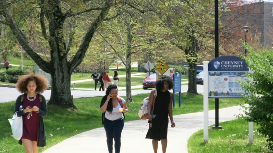 Students walk on campus at Cheyney University.