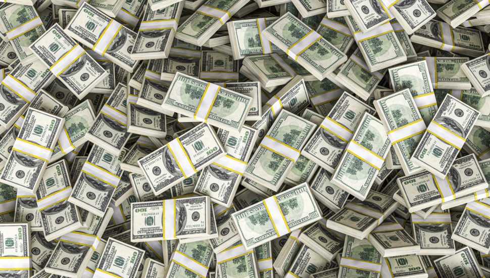 Stacks of one hundred dollar bills.