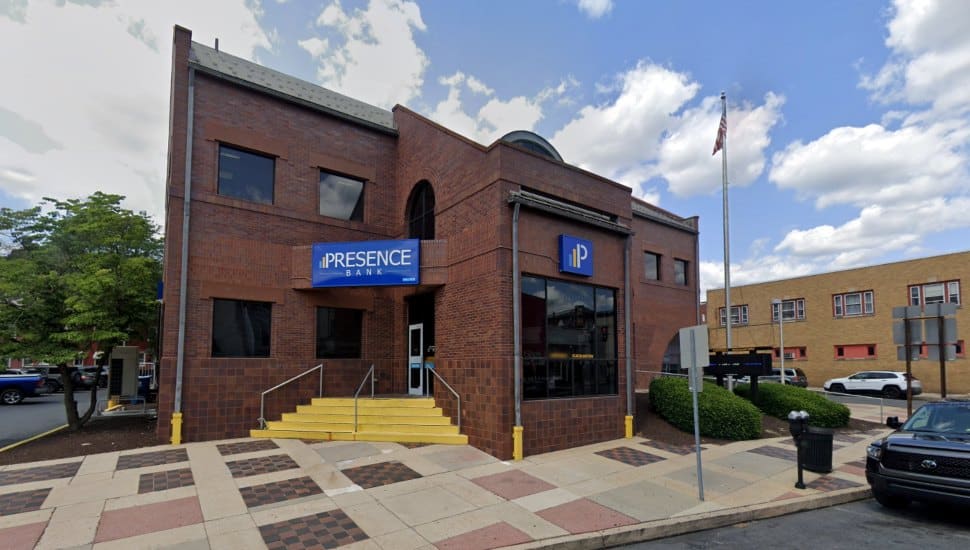 Presence Bank exterior with blue signage.