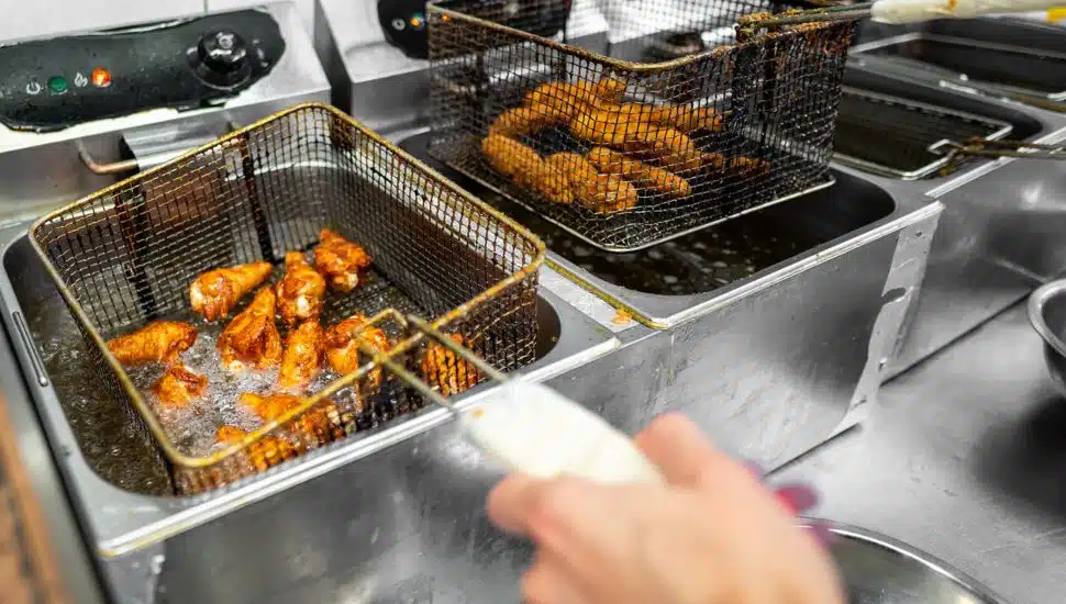 Chef preparing wings in deep fryer.