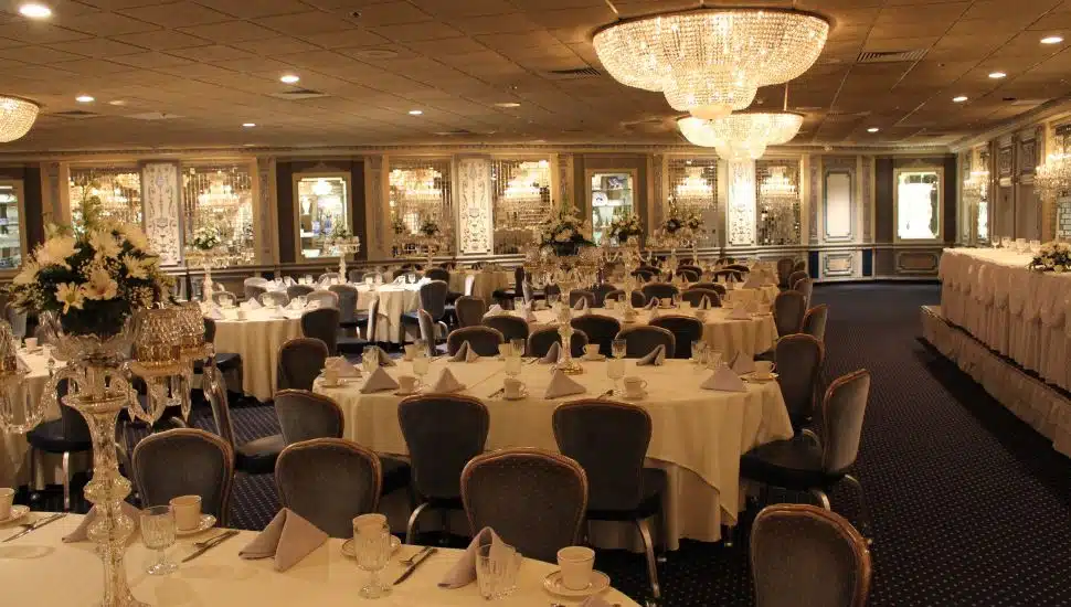 Tables and chairs in Fisher's Banquet hall.