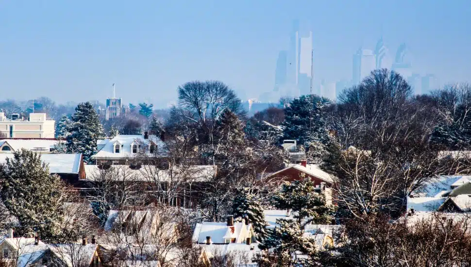 Philadelphia suburbs with skyline in background.
