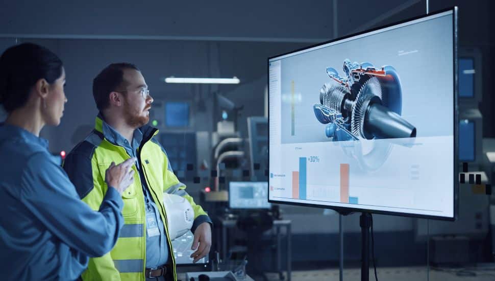 Two engineers look at hardware prototype on screen.