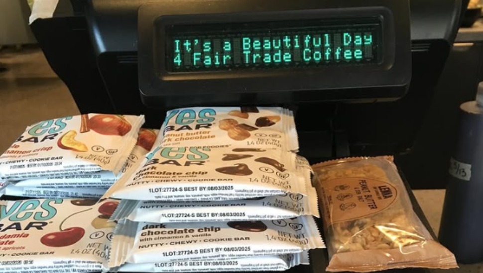 A Fair Trade message next to some products at Burlap and Bean in Media Borough.