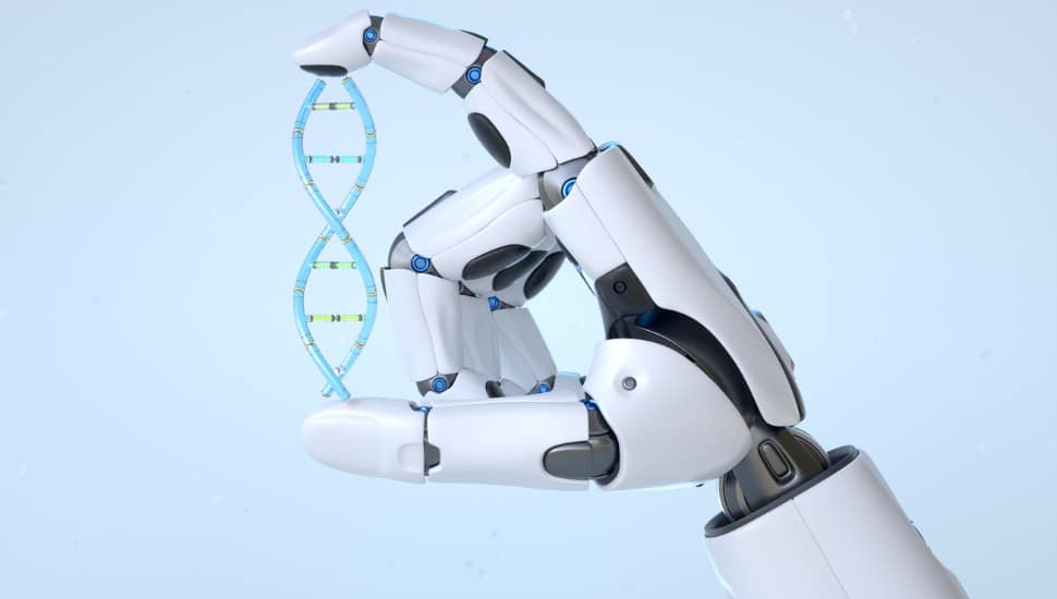 A robotic hand holds up a double helix.