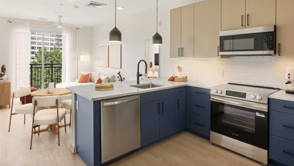 A rendering of a new kitchen in Bala Cynwyd's Blayr Apartments.