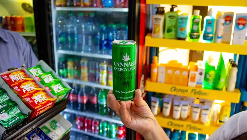 Person holding Cannabis Energy Drink Can.