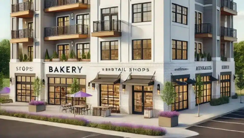 AI rendering of marketplace and housing in Doylestown.