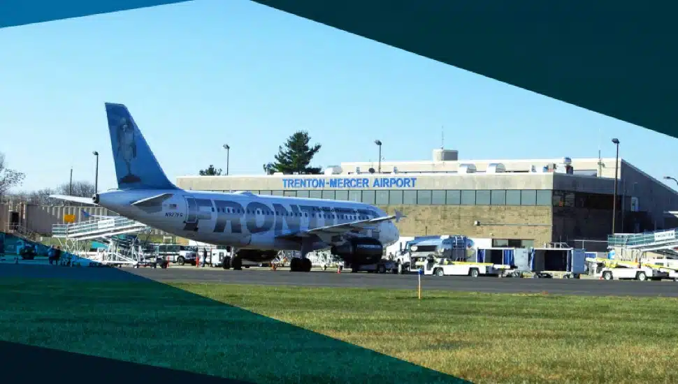 Frontier plane in front of Trenton-Mercer Airport.