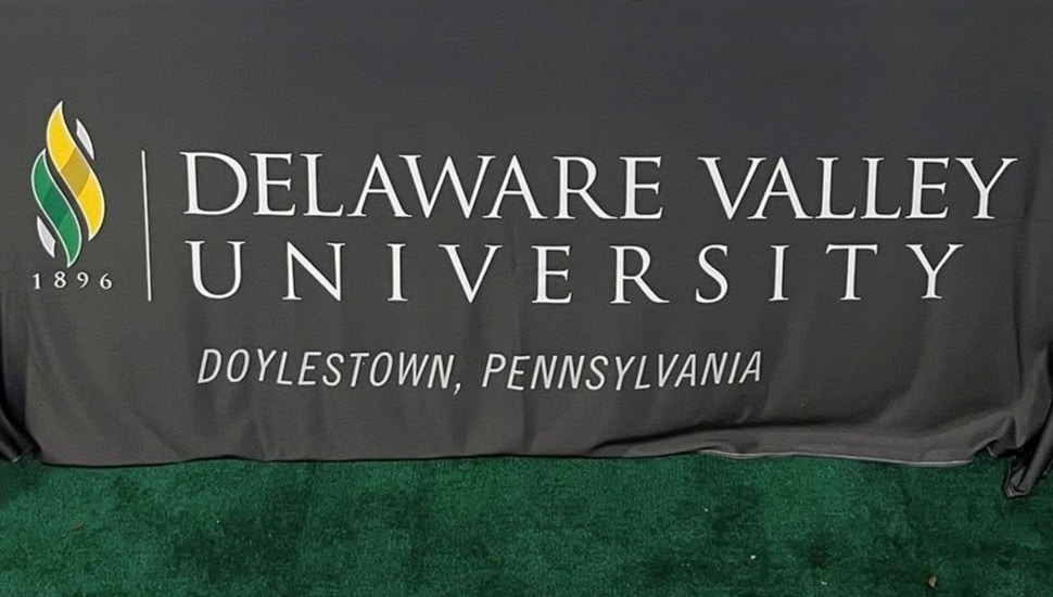 Delaware Valley University signage on promotional table.