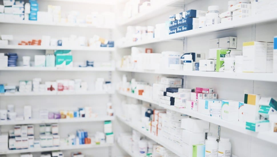 Medicines on shelves.