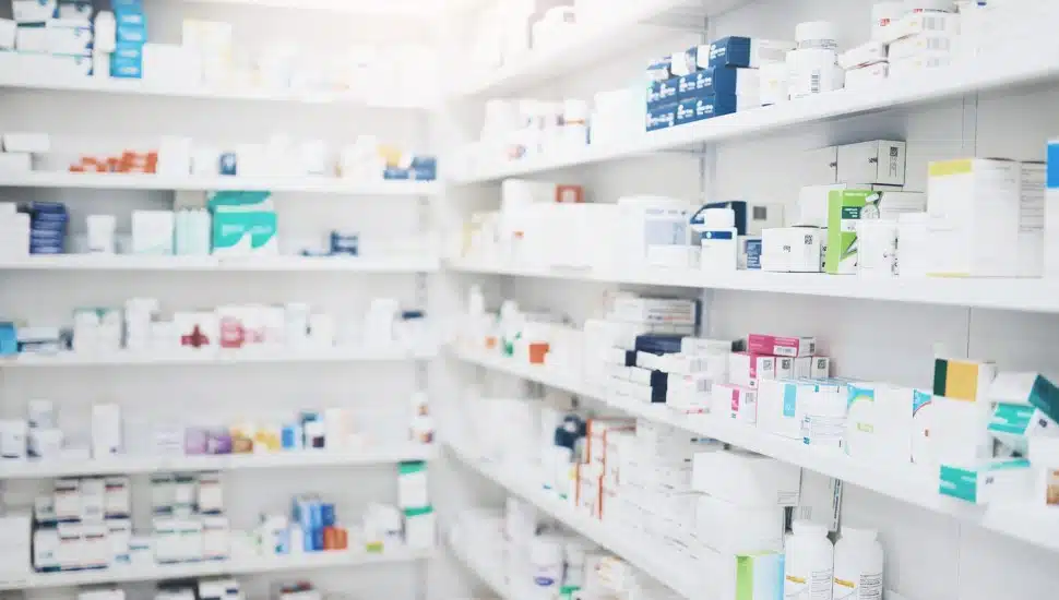 Medicines on shelves.