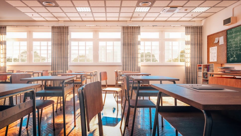 Interior of a traditional school classroom.