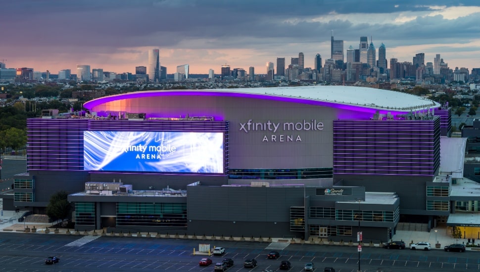 Aerial view of basketball and hockey arena.