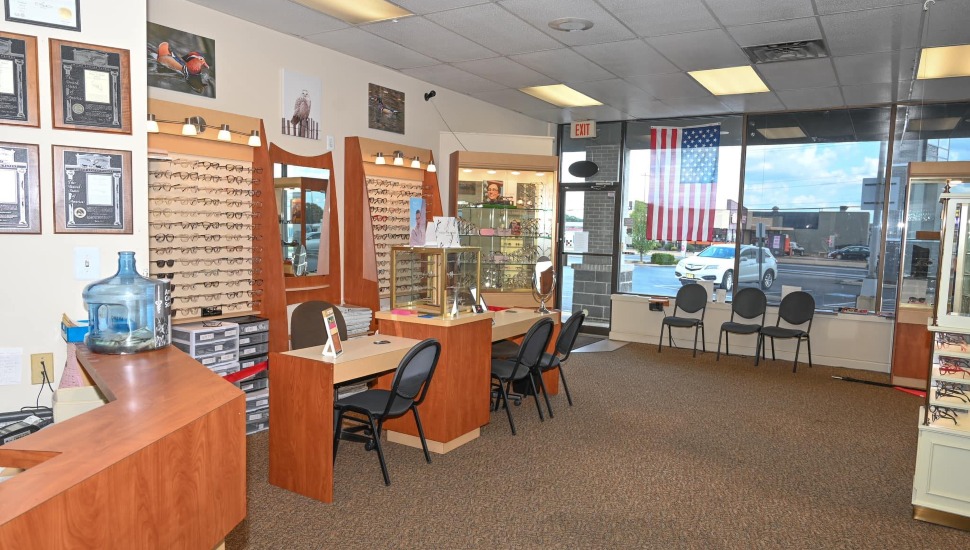 Inside Philadelphia Vision Center with glasses hanging on the walls.