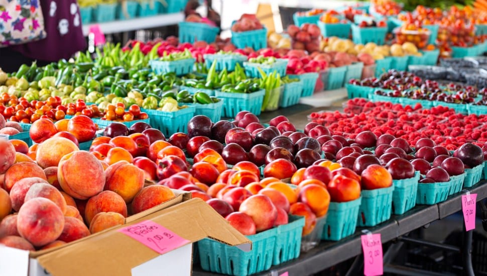 Display of a variety of fruits at a local farmer's market.
