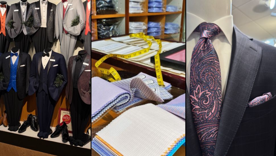 Collage of photos of suits and fabric from Ventresca.
