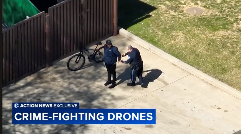 Bensalem Police officer makes an arrest in the bicycle theft case captured by drone footage, as seen in the 6abc Action News exclusive report on the township's crime-fighting drone program.
