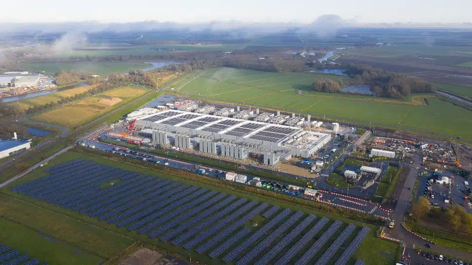 An aerial view of a large-scale data center campus, the type of facility proposed for Falls Township and West Rockhill in Bucks County.
