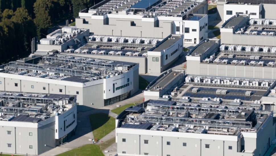 Close up details of data center, computing center, high consumption electricity. Cooling and emergency power. Aerial view.