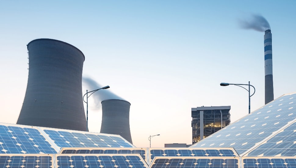 Different types of power sources: solar panels, nuclear plant smoke stacks, etc.