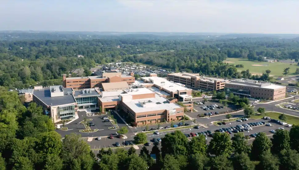 An aerial view of the exterior of Doylestown Hospital.