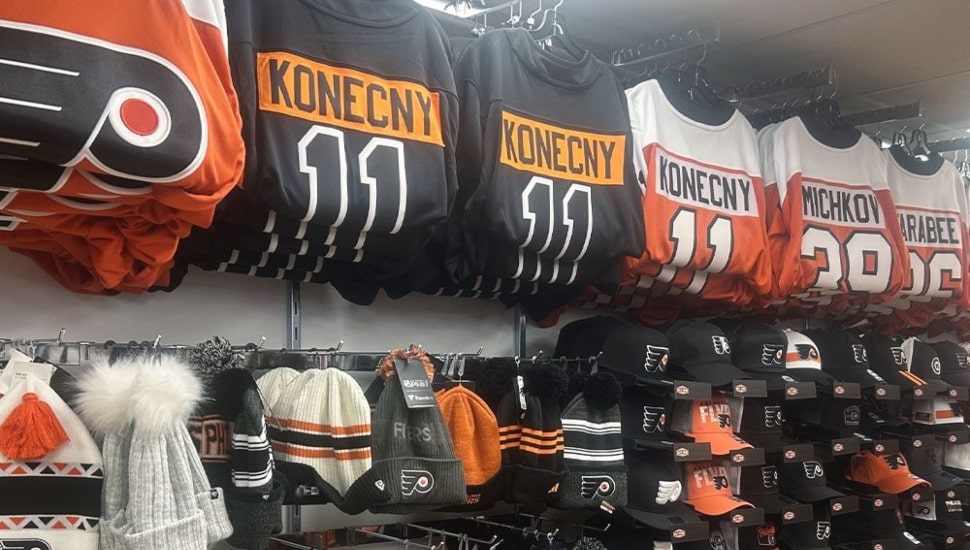 Flyers jerseys and hats inside Rally House on Broad Street in Center City.