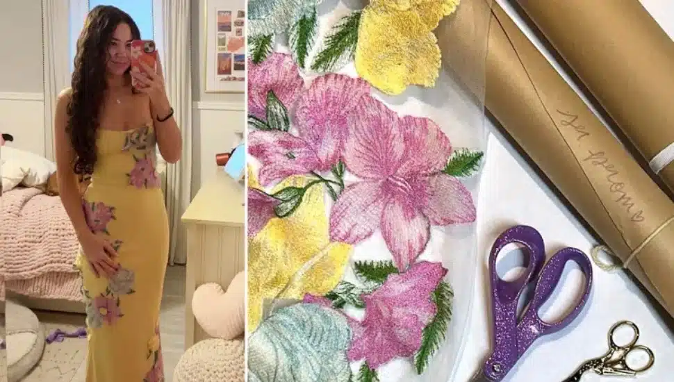 Warrington's Leah Bray in the butter yellow gown she designed and sewed herself, with a close-up of the hand-stitched floral appliqué and the tools she used to bring it all together.