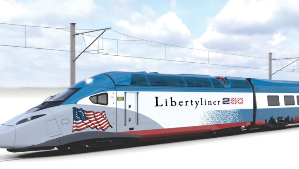 rendering of the proposed Libertyliner 250, featuring a patriotic red, white, and blue design along the Northeast Corridor.