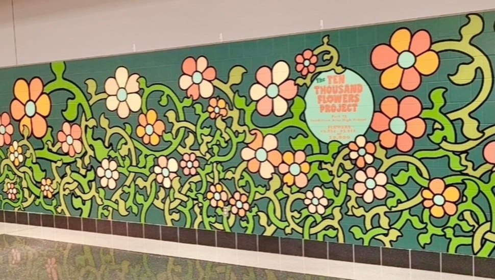Souderton Area High School's new "Words of Worth" mural, part of a Worthwhile nonprofit initiative promoting mental wellness and belonging.