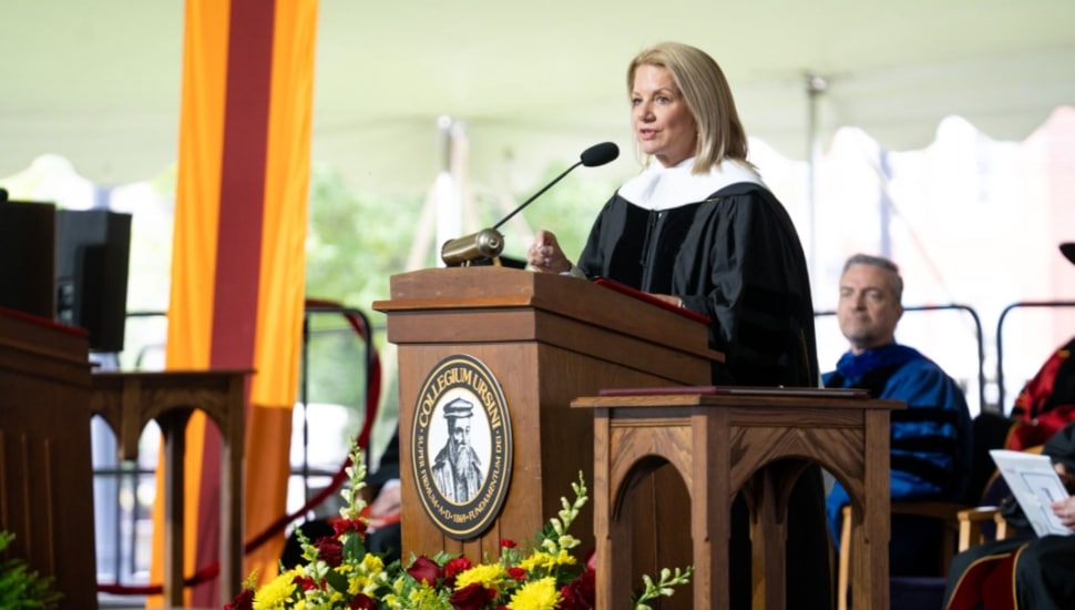 Tracy Davidson addresses Ursinus College graduates at a commencement speech.