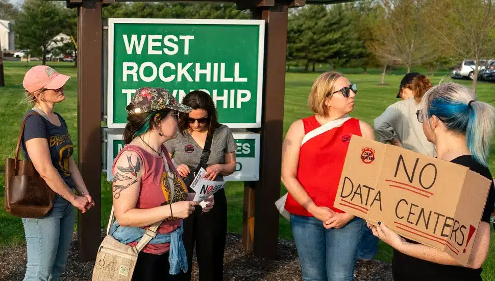 Residents gather outside West Rockhill Township with signs opposing data center development last month.